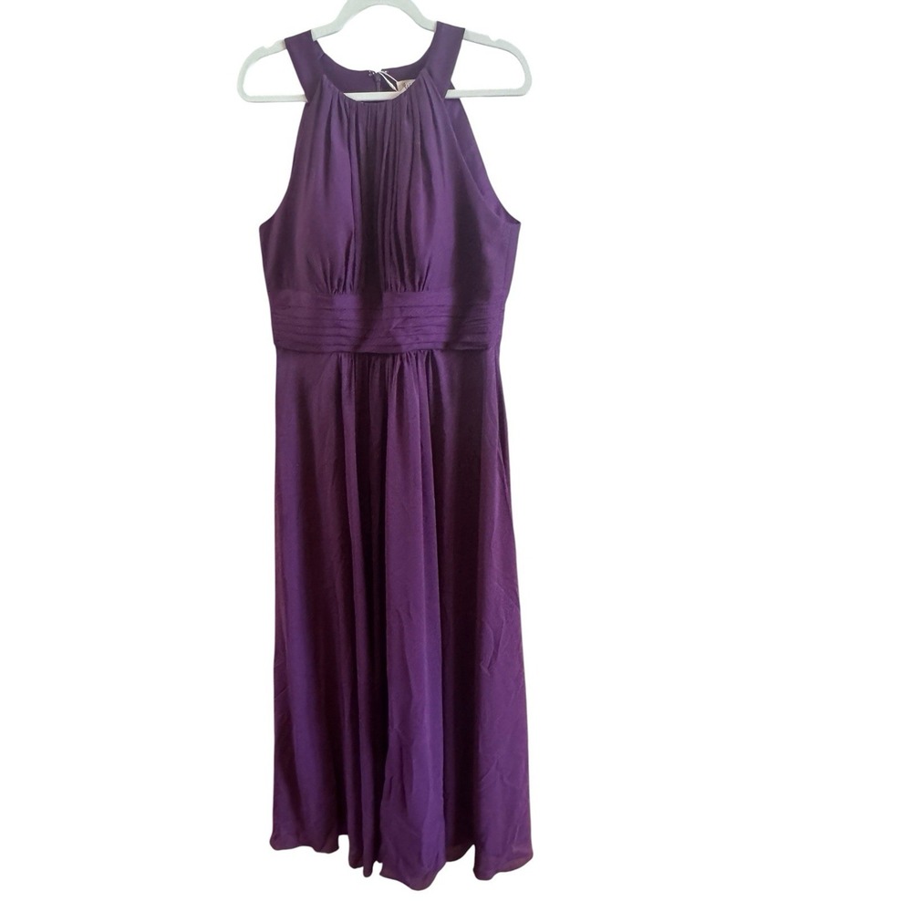 NWT A.W. Bridal‎ Royal Purple Chiffon Long Bridesmaid Halter Dress Sz 14 Bra Cup